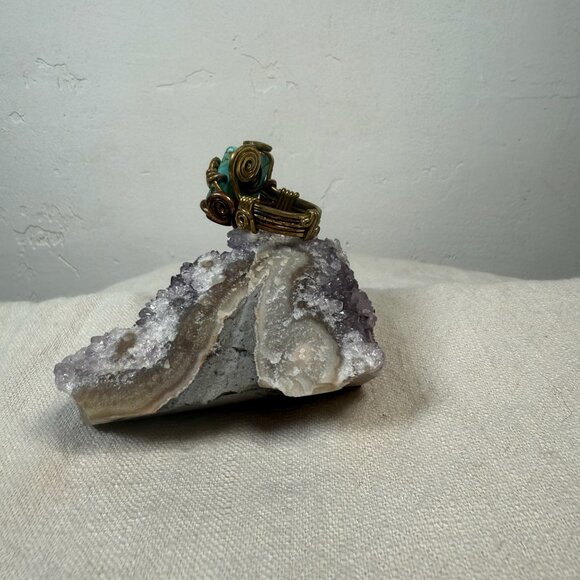 Handmade Natural Turquoise Square Gemstone Wire Wrapped Statement Ring Size 6 - Picture 2 of 3